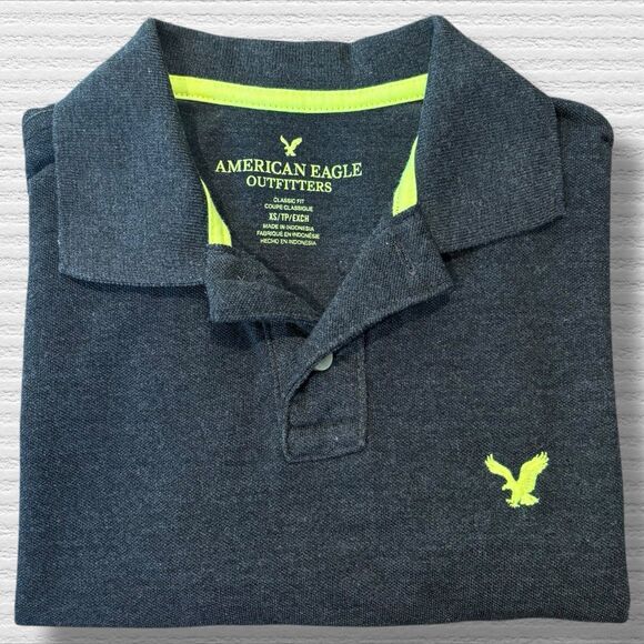 American Eagle Polo Shirt XS Classic Fit Gray Neon Green Logo Preppy Retro 2010 - Picture 8 of 8